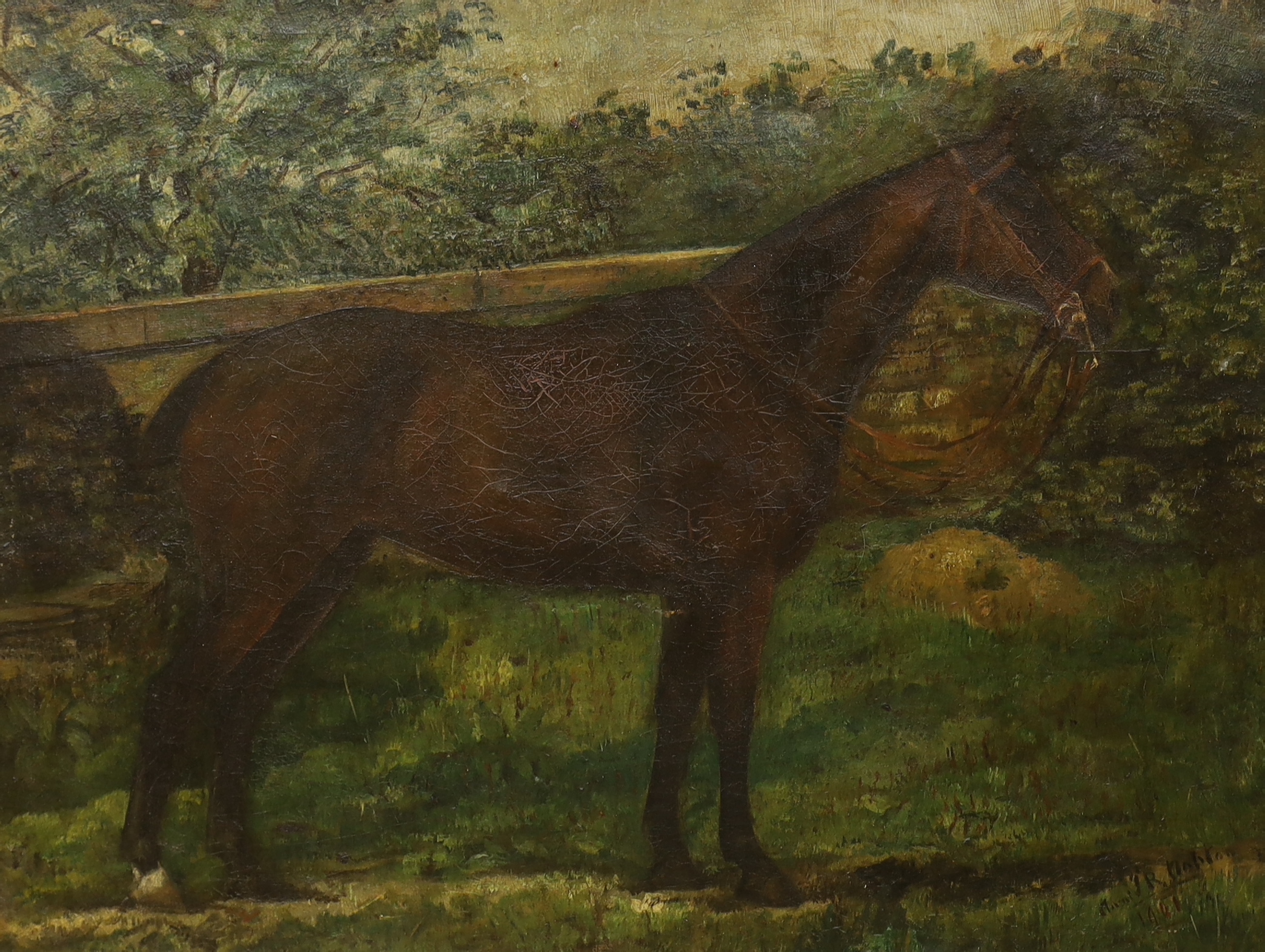 Early 20th century, naive oil on canvas, Study of a horse, indistinctly signed and dated 1901, together with a chromolithograph of a hunting scene by Punch cartoonist John Leech, largest 62 x 47cm
